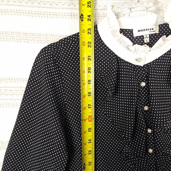 Monteau Black White Polka Dot Ruffle Collar Button Blouse Top L NEW - Picture 4 of 7